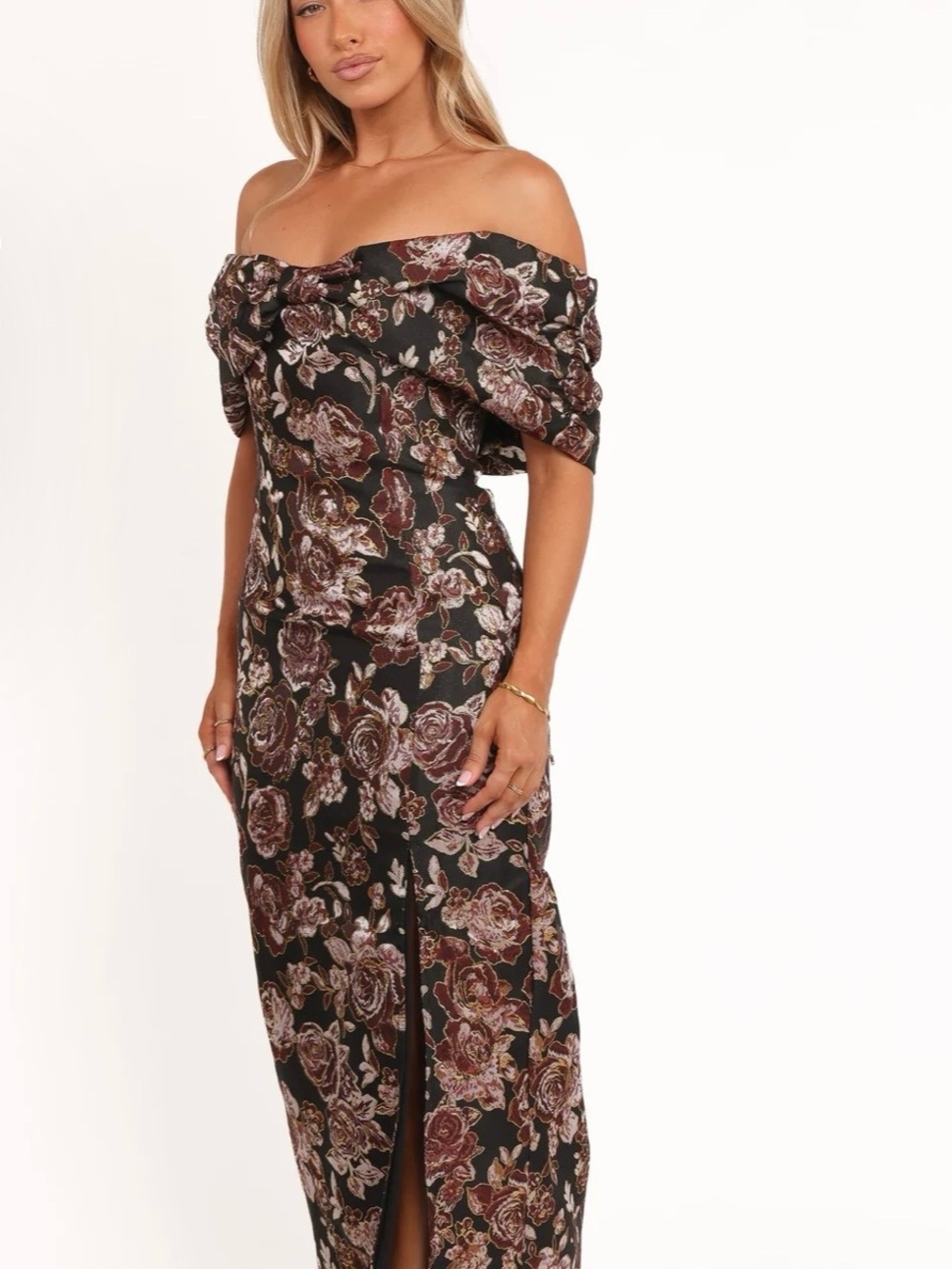Petal & Pup Off-Shoulder Floral Maxi Dress in Black & Burgundy, New, Size 4